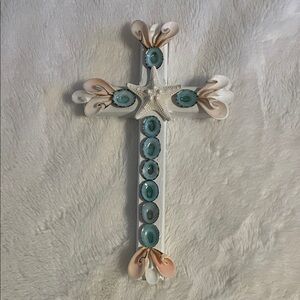 Seashell Starfish Wall Cross - Coastal Blue & Shell Pink